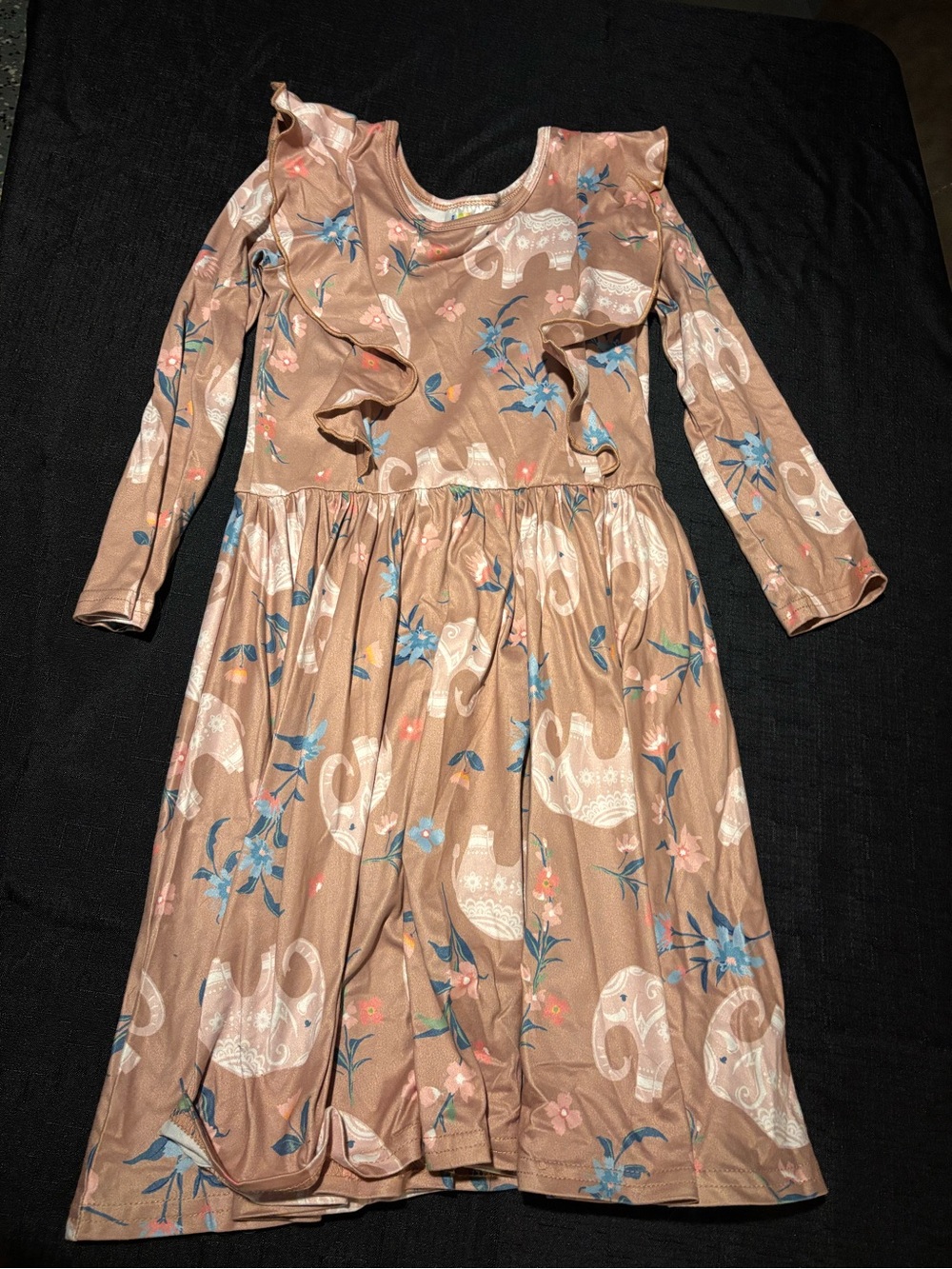 Dot Dot Smile Pink Brown Elephant Floral Ruffle Dress